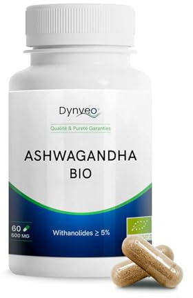 Ashwagandha BIO KSM-66 - Haute Concentration - Withanolides 5% - Stress, Énergie & Sommeil - Complément Alimentaire Naturel - Plante Adaptogène - 60 Gélules (1 à 2 mois) - Dynveo