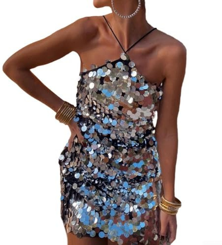 ZYWUOY Fashion Forward - Vestido de lentejuelas sin mangas para mujer, diseño halter sin espalda, adecuado para noches elegantes