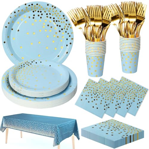 Nkaiso Set Stoviglie di Carta per Feste, 141 Pezzi in Azzurro e oro Stoviglie per Feste per Bambini - Compleanno Decorazioni Include Piatti di Carta, Bicchieri, Tovaglioli per 20 Ospiti