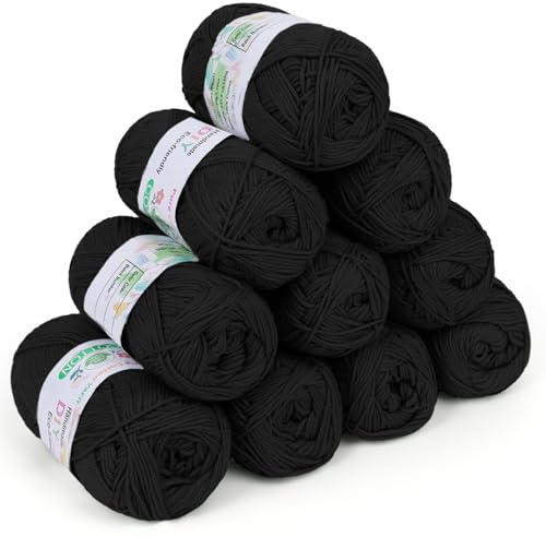 Coopay Wolle zum Häkeln, 100% Baumwolle zum Stricken, 10 x 50g Weiches Häkelgarn Baumwolle zum Häkeln, Babywolle Baumwollgarn für Pullover, Socken, Babydecke - Schwarz