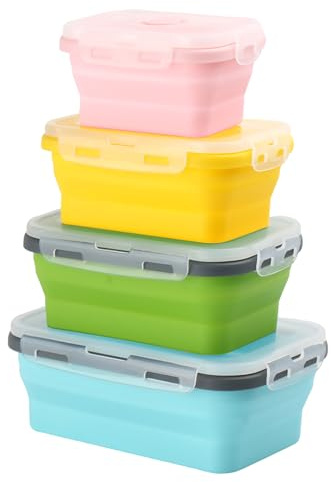 Pynzeka 4 Stück Faltbare Brotdose Faltbare Frischhalteboxen Silikon Frischhalteboxen für Küche Camping Wandern Picknick (Blau/Rosa/Grün/Gelb)
