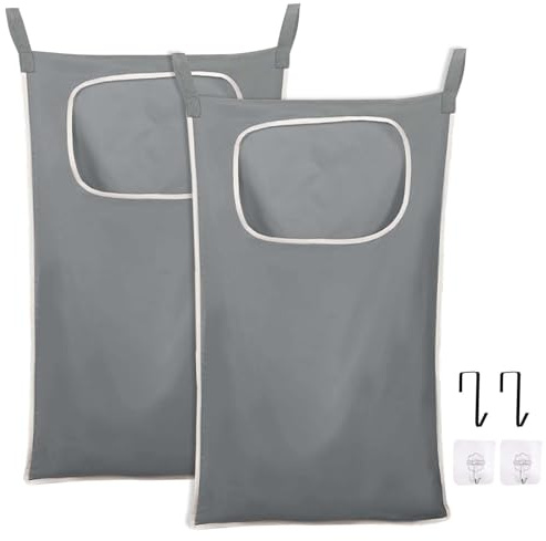 2 Sacche per Biancheria da Appendere alla Porta,Compatto e Capiente con Ganci in Acciaio Inossidabile & Cerniera,Cestino Portabiancheria Organizer per Bagno Camera da Letto Bambini,Parete (Grigio)
