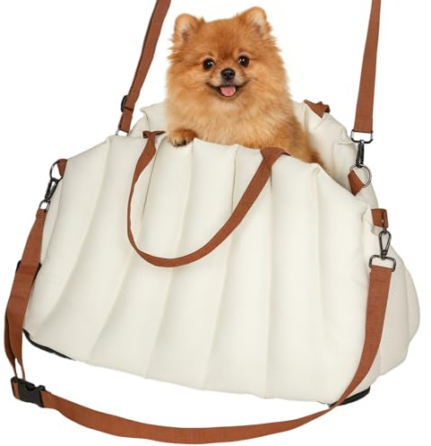PawHut Seggiolino Auto per Cani Piccoli con Guinzaglio di Sicurezza e Base Antiscivolo, Trasportino Convertibile in Borsa per Animali Domestici, Crema