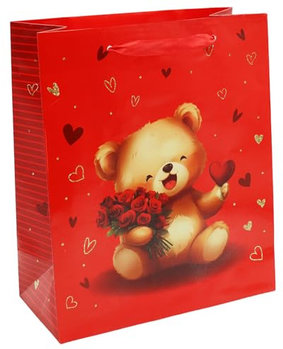 Sacchetto Regalo di Carta Rossa per San Valentino, Sacchetti Regalo con Adorabile Orsacchiotto, Borse di Carta per Natale Compleanno Festa Della Mamma, 25x21x10cm