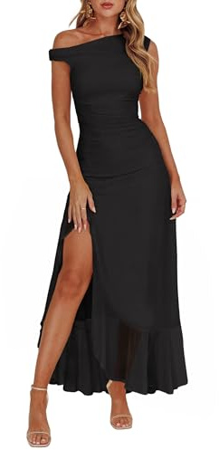 Caracilia Womens Summer Off Shoulder Formal Dress Floral Mesh Bodycon Ruched Split Cocktail Wedding Guest Party Maxi Dresses Black Medium
