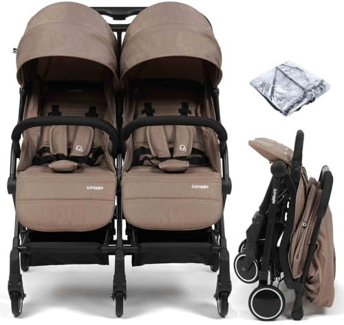 Puggle City Traveller Double Pushchair (Truffle) | Flexible Double Buggy with Compact One-Hand Fold, Rain Cover & Reclining Seats – Lightweight Stroller from Birth