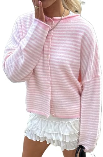 Geagodelia Women's Striped Knitted Cardigan Thin Ladies Long Sleeve Cropped Jumper Sweater Jacket Spring Autumn Button Down Crochet Pullover Top