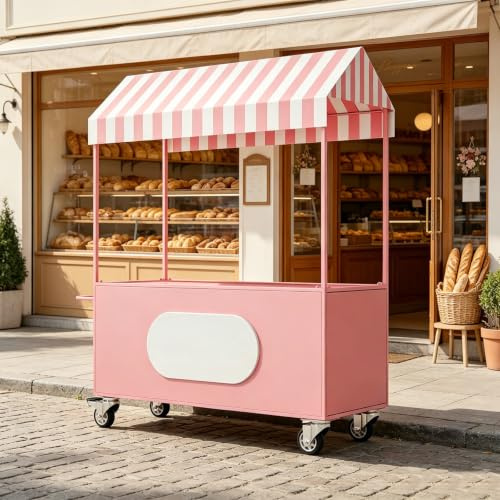 STCERY Carrito De Venta Ambulante con Ruedas, Puesto Móvil, Carritos De Comida Comerciales con Toldo, para Mercados, Ferias Callejeras Y Eventos(Pink,100cm/39.4in)