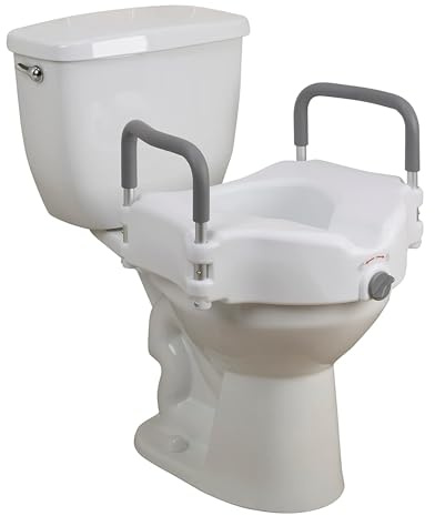 Drive Medical 2-in-1 Raised Toilet Seat with Removable Padded Arms - Elevated Bathroom Safety Support - Secure Locking Attachment - Easy Height Assistance - Durable Construction, Standard Toilets