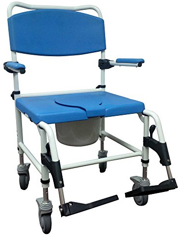 Drive Medical NRS185008 Bariatric Aluminum Rehab Shower Commode Chair with Two Rear-Locking Casters, Blue and White