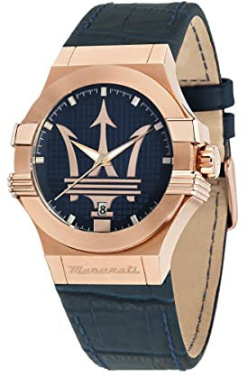Maserati Orologio da uomo, Collezione Potenza, movimento al quarzo, tempo e data, in acciaio, PVD oro rosa e cuoio - R8851108027