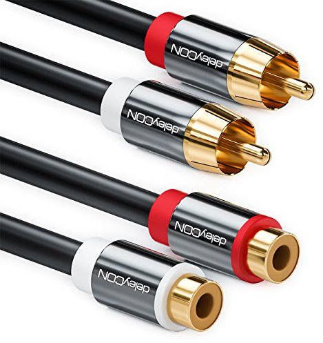 deleyCON 2m Extensión Cinch RCA Cable de Audio Estéreo 2x Macho a 2x Hembra Conectores Metálicos Chapados en Oro Negro