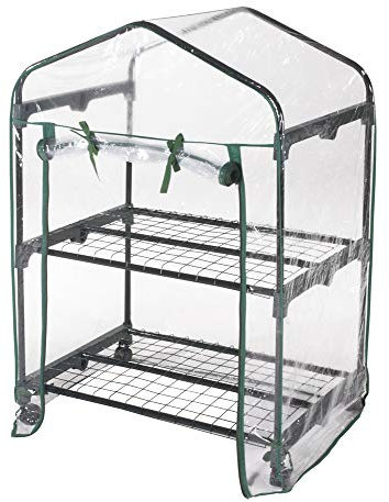 Invernadero con 2 estantes de acero con ruedas y cubierta de PVC transparente L 69 x P 49 x H 98