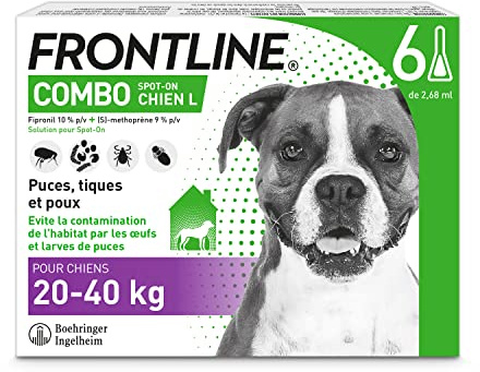 FRONTLINE Combo Chien - Anti Puces, Anti-Tiques - Protège L'Habitat1, Élimine Puces Pendant 8 Semaines/Tiques Pendant 4 Semaines - Pour Chien 20 à 40 kg - Fabriqué En France - 6 Pipettes Spot-On