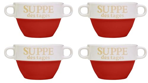 4 Stück Suppentasse aus Keramik mit Schriftzug Suppe des Tages Ø 13 cm Rot