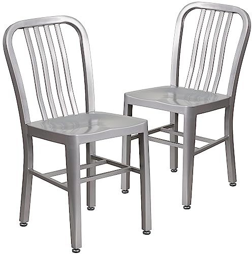 Flash Furniture Gael Indoor/Outdoor Modern Metal Dining Chairs, Commercial-Grade Galvanized Steel Restaurant Chairs, Set of 2, Silver