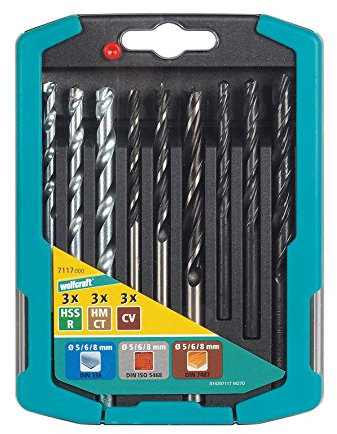 wolfcraft Juego de brocas metal, madera y piedra, 9 piezas I 7117000 I Para taladrar metal, madera y piedra