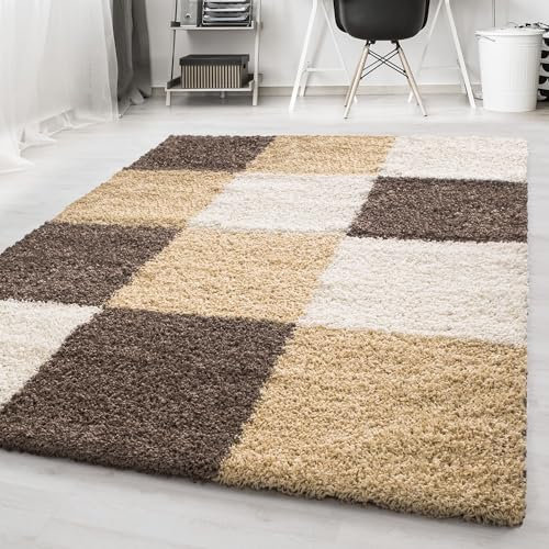 Carpetsale24 Hochflor Teppich Shaggy kariert 200x290 cm Mokka, weich & flauschig, modernes Karo Design, rechteckig, ideal für große Wohnzimmer oder Esszimmer, dekorativ & gemütlich