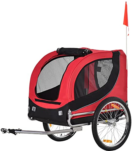 PawHut Remolque Bicicleta Perros Mascota 1 Bandera 8 Reflectores Remolque Bici 130x73x90 cm Rojo Negro
