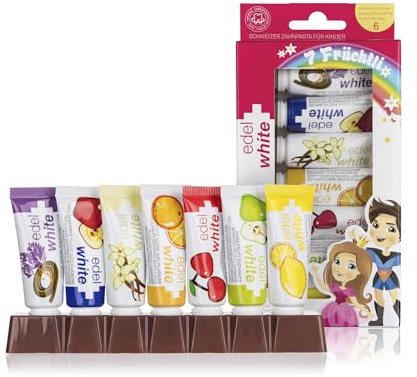 edel+white 7 Früchtli Zahnpasta Kinder 7 x 9,4 mm I Kinder Zahnpasta empfohlen bis zu 6 Jahren I Zahnreinigung für die Kleinen mit 7 Geschmäckern