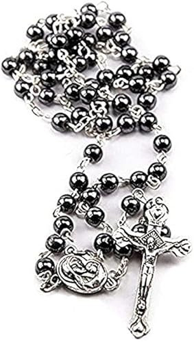 Nazareth Store Hämatit-Rosenkranz aus schwarzem Stein, langer Kreuz-Anhänger, Perlenkette, Heiliges Land