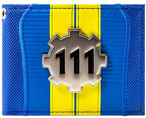Fallout 4 Vault 111 Silver Metal Cog Badge Wallet Bi-Fold ID & Card Holder, Blue
