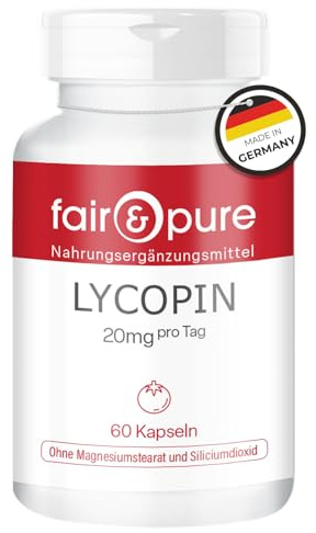 Fair & Pure Licopeno 20mg, 60 cápsulas, carotenoide procedente del extracto de tomate, complemento alimenticio vegano sin aditivos, fabricado en Alemania.