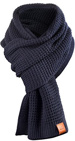 Rough Scarf - Schal, Strickschal, Langschal mit Echt-Leder Veredelung (Manufaktur13/M13) (Navy)