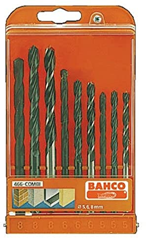 Bahco 466-COMBI BH466-COMBI Twist/Masonry and HSS Drills Set, Multi-Colour, Set of 9 Pieces