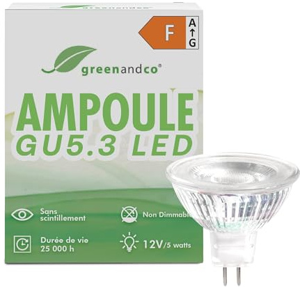 greenandco MR16 GU5.3 | Replaces 40W | Warm White 3000K | 5W 430 lm | 38° | No Flicker | COB LED Light Bulb | 12V AC/DC | Non dimmable