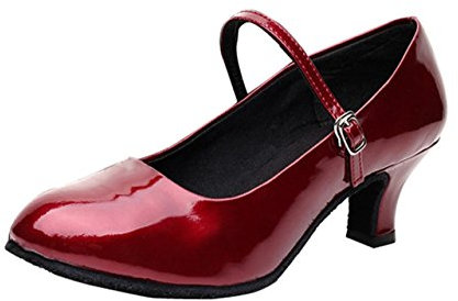 Women Ballroom Dance Shoes Mary Jane Shoes Low Heel Latin Tango Salsa Dancewear Glitter Heeled Wine Red