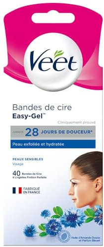 Veet Easy Gel – 40 Streifen von kaltem Wachs für Gesicht – empfindliche Haut – ohne Schrubben – langanhaltende Haarentfernung