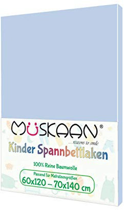 MÜSKAAN Jersey Kinder Spannbettlaken | Betttuch 100% Baumwolle | Baby Spanbetttuch 60x120 cm - 70x140 cm | Bettlaken Qualität 135 g/m² | Hellblau