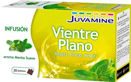 JUVAMINE - Infusión Vientre Plano - Sabor a Menta Suave - 20 Bolsitas - Reducción de los Espasmos de Vientre y Bienestar Digestivo - Regaliz - Hinojo - Menta