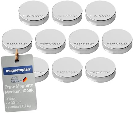 magnetoplan Ergo-Magnete, Medium | ØxH 30x8mm | 10 Stück, Silber | Starke Haftkraft von 0,7 kg | Für Kühlschrank, Whiteboard, Magnettafel