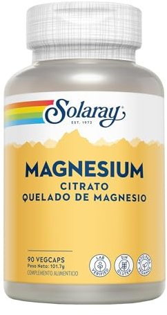 SOLARAY® Magnesium. Magnesio Citrato.90 VegCaps. Ayuda a disminuir el cansancio y la fatiga. Contribuye al funcionamiento normal de los músculos. Sin gluten. Apto para veganos.