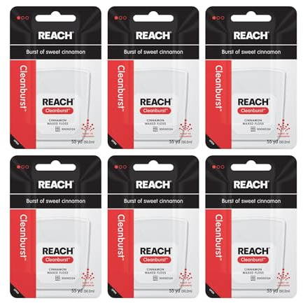 REACH Waxed Dental Floss, Cinnamon, Plaque Remover for Teeth, Shred Resistant, Floss Slides Smoothly, Easy to Use, Waxed, Deep Cleaning Teeth, Oral Care, PFAS Free, for Adults & Kids, 6 Pack, 55 yd