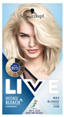 Schwarzkopf LIVE Intense Lightener, Permanent Blonde Bleach Hair Dye, With Brigtening Oil Booster, Lifts Hair Up To 9 Levels - Max Blonde 00B