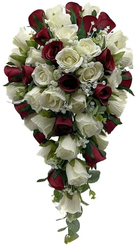 Artificial Wedding Flowers Hand-made by Petals Polly, BRIDES BOUQUET, BURGUNDY/CREAM/IVORY, Deep Red, Claret