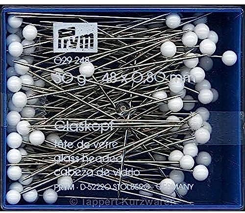 Prym 029248 Glaskopfnadeln, 0,80 x 48mm, weiß, 30g, Kunststoffdose