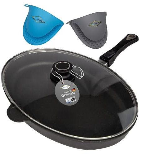 MaxxGoods Fischpfanne 41x27cm Aluguss mit Glasdeckel | Für Alle Herdarten auch Induktion | Pfanne & Deckel Backofenfest | Pfanne mit abnehmbarem Griff | Bratpfanne | Inklusive Silikonhandschuhe