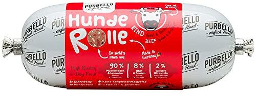 PURBELLO Hunde-Rolle Rind mit Äpfeln & Buchweizen - Monoprotein Hundefutter mit hohem Fleischanteil - Nassfutter für Hunde - Hundewurst schnittfest & getreidefrei - 8 x 200 g