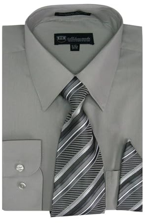 Milano Moda Men's Long Sleeve Dress Shirt With Matching Tie And Handkerchief SG21A, Ash Gray, 16-16.5 Neck 34-35 Sleeve
