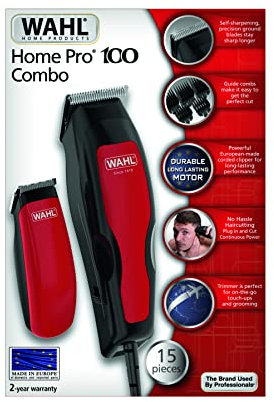 WAHL Home Pro 100 Combo cortapelo, con cable, con batería, minicortapelos, batería AA, hombres, con accesorios, 8 peines de sujeción (3 - 25 mm) , protector de cuchilla, cepillo de limpieza, aceite