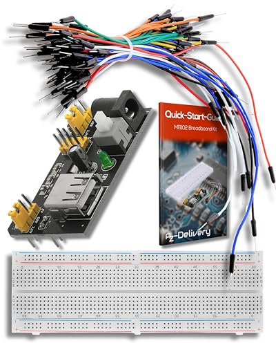 AZDelivery Breadboard Kit compatible with MB-102-830 Tie Point Solderless Plug-in Prototype PCB Board, Power Supply Module 3.3V 5V 700mA Adapter, 65 PCS Jumper Wire Set compatible with Arduino!
