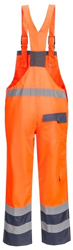 Portwest S488 Men's Hi Vis Bib and Brace Work Overalls Breathable Contrast Rain Dungarees - Waterproof Windproof Reflective Tape Adjustable Fit Multi Utility Pockets, Orange/Navy, S