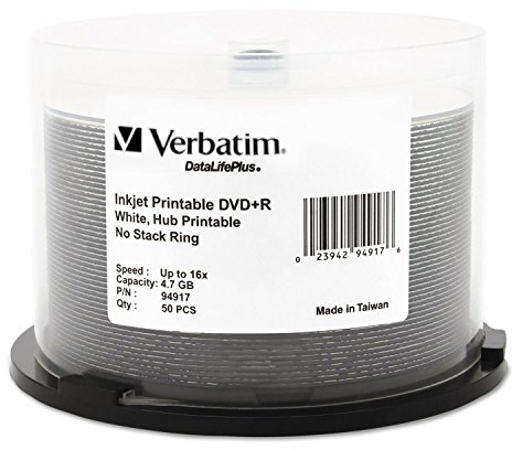 Verbatim DVD+R 4.7GB 16X DataLifePlus White Inkjet Printable, Hub Printable - 50pk Spindle - 94917, White