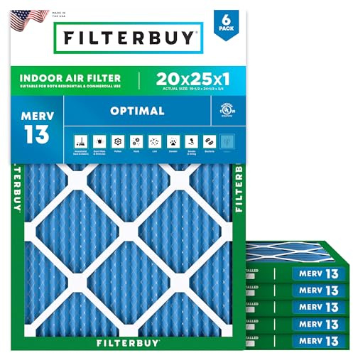 Filterbuy 20 x 25 x 1 luftfilter MERV 13 optimalt rök- och allergiförsvar (6-pack), elektrostatiskt veckad HVAC ugnsfilter, tillverkad i USA (faktisk storlek: 19,50 x 24,50 x 0,75)