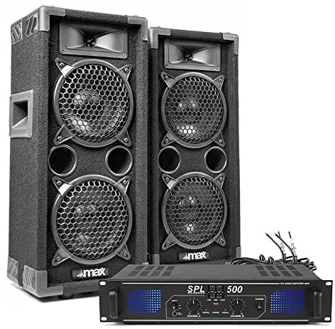 Max Dual 6 Passive DJ Speaker System with Skytec SPL500 Power Amplifier 1200W - Complete DJ Disco Party Audio Setup with Speaker Cables Included