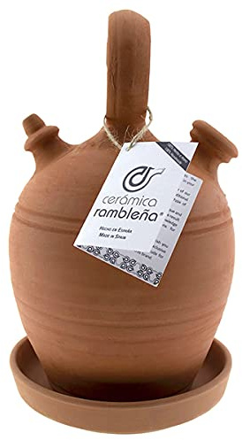 CERÁMICA RAMBLEÑA | Brocca di Argilla Tradizionale Piatto Incluso | Giara in Ceramica | 100% Fatto a Mano per Artigiani in Spagna 17x17x31 cm | 3 Litri | Eco